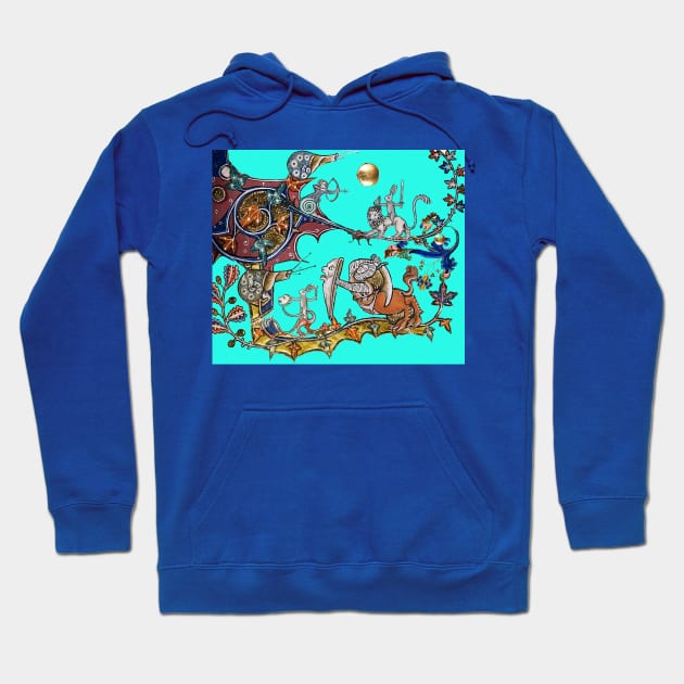 WEIRD MEDIEVAL BESTIARY WAR Between Snails and Killer Rabbits ,Lion,Centaur Knight in Blue Turquoise Hoodie by BulganLumini